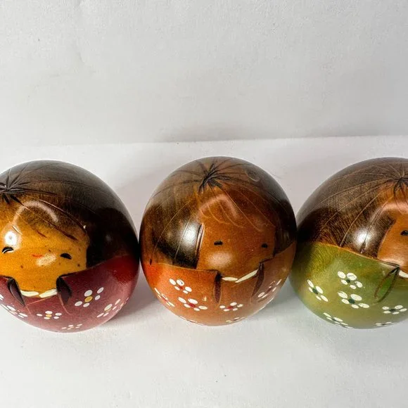 Creative Kokeshi Dolls by Usaburo "Triplets Eggs" Sisters Orange Plum Pea 2.75"